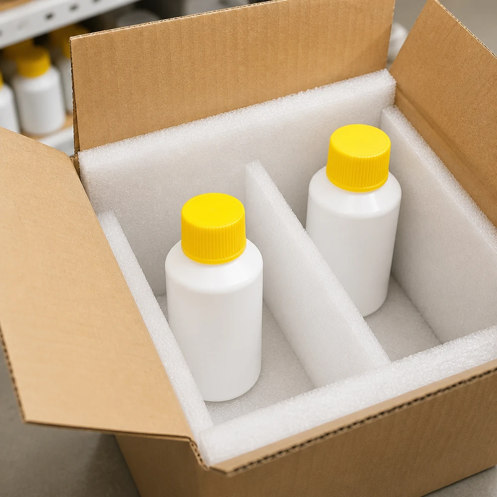 Butelka apteczna HDPE 50ml biała, z żółtym SV Dwie białe butelki apteczne z HDPE o pojemności 50 ml z żółtymi zakrętkami, bezpiecznie zapakowane w wkładkę z pianki