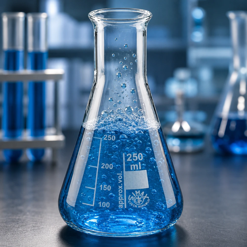 Kolba Erlenmeyera 250 ml z wąską szyjką Profesjonalna kolba Erlenmeyera 250 ml z niebieską cieczą testową i tworzeniem się pęcherzyków w laboratorium chemicznym
