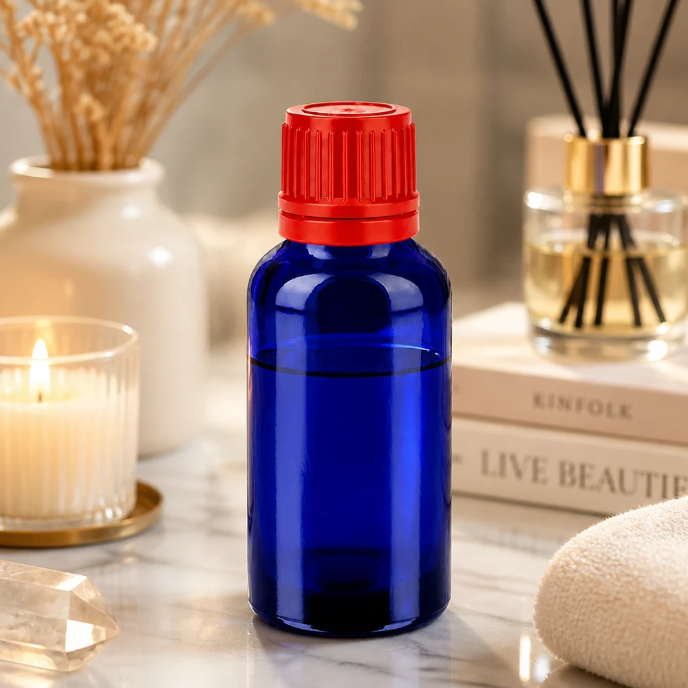 Butelka 30 ml 11 mm SV czerwona OV BlueLine UT18/30 30 ml szklana butelka w kolorze kobaltowego błękitu z gwintem UT18 do bezpiecznego przechowywania esencji i nalewek
