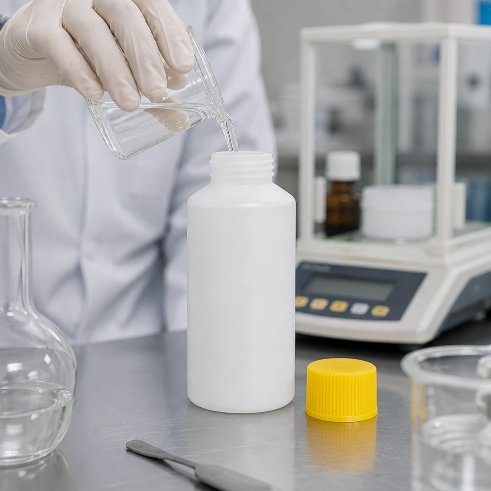 Butelka apteczna HDPE 50ml biała, z żółtym SV Biała butelka apteczna o pojemności 50 ml z HDPE z żółtym zamknięciem zabezpieczającym obok wagi analitycznej w laboratorium