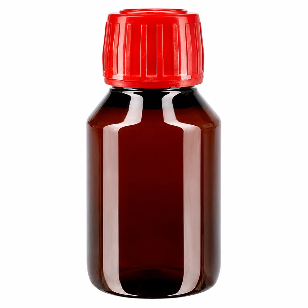Brązowa butelka PET o pojemności 50 ml z czerwonym zamknięciem zabezpieczającym przed otwarciem, zapewniającym bezpieczne przechowywanie