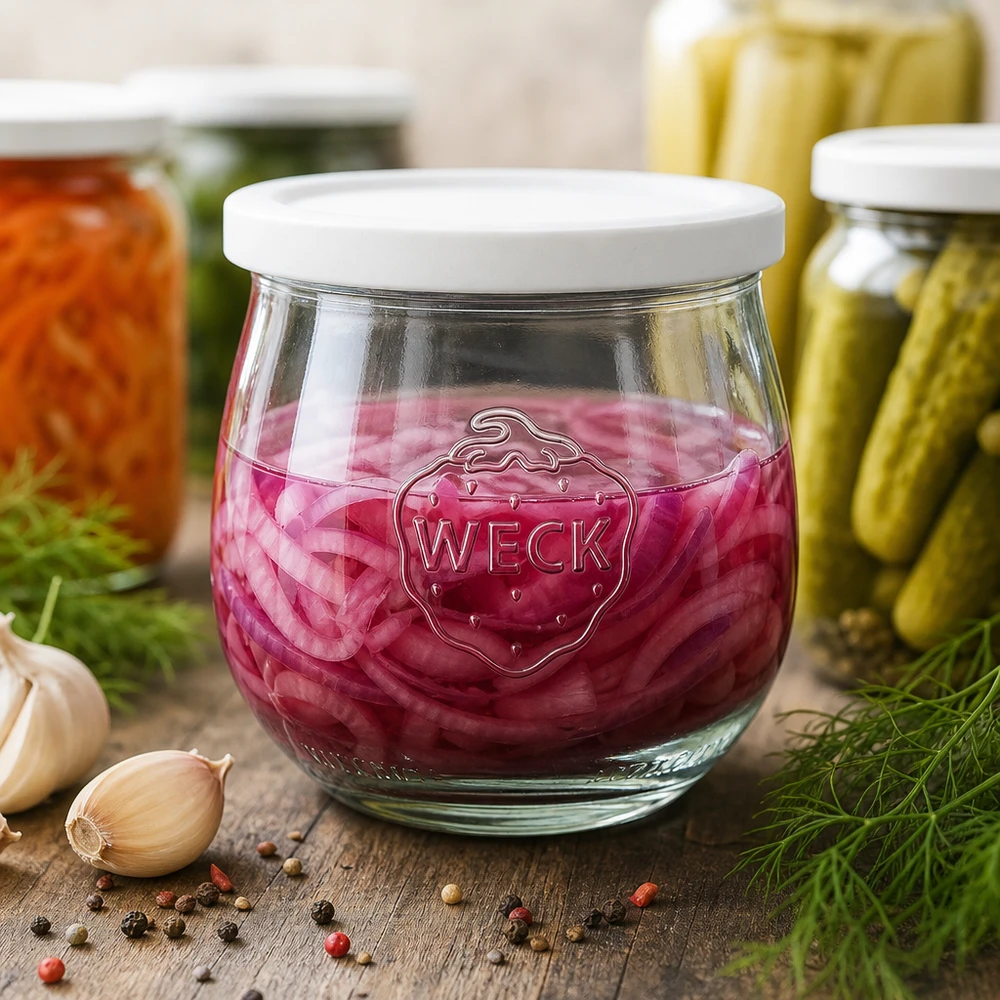 WECK słoik tulipan 370ml RR80 z kiszoną czerwoną kapustą obok czosnku, ziaren pieprzu i innych słoików na przetwory