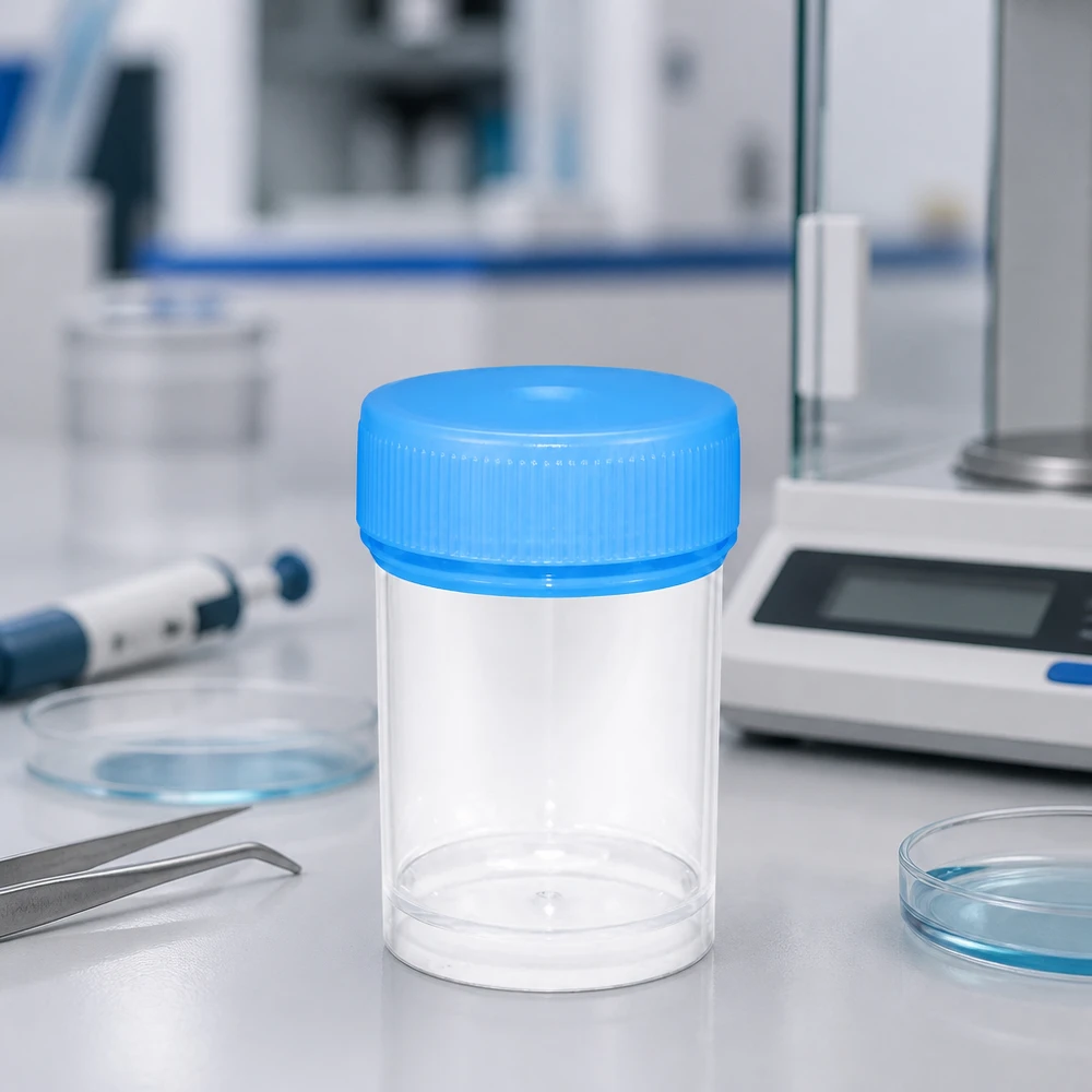 Pusta, przezroczysta tubka na próbki o pojemności 20 ml z niebieską zakrętką na białym blacie laboratoryjnym