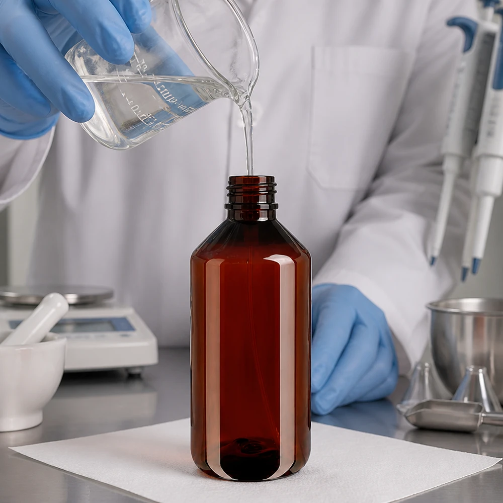 Laborant napełnia brązową butelkę PET o pojemności 750 ml z czarnym rozpylaczem wykonanym ze szkła zlewkowego