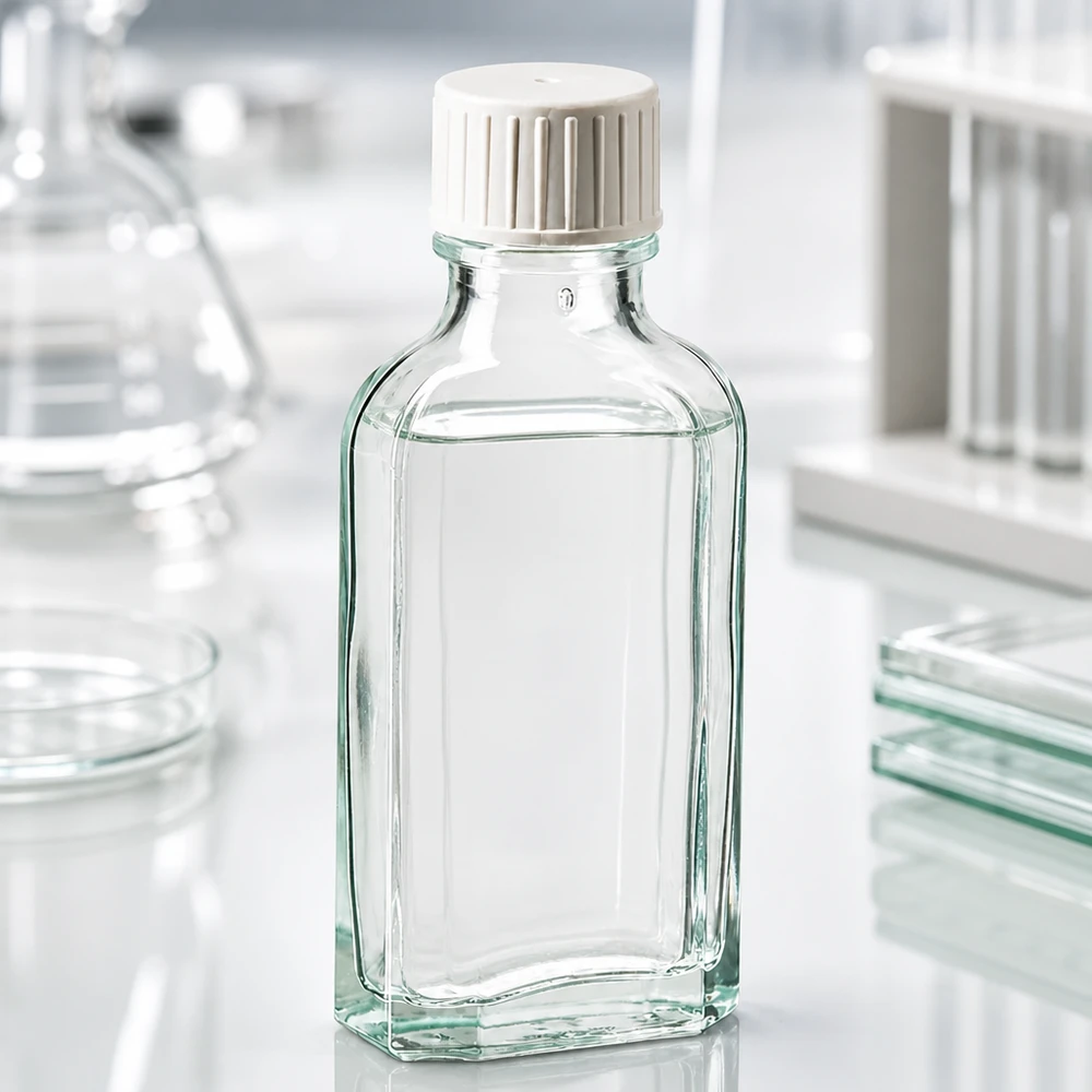 Prostokątna butelka z przezroczystego szkła o pojemności 50 ml z karbowaną białą nakrętką i wbudowanym pierścieniem do nalewania