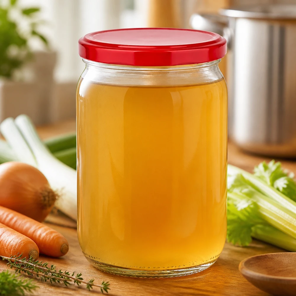 Okrągła szklana butelka UNiTWIST o pojemności 555 ml z czerwoną pokrywką BasicSeal, wypełniona złotym bulionem drobiowym, stojąca na drewnianym stole