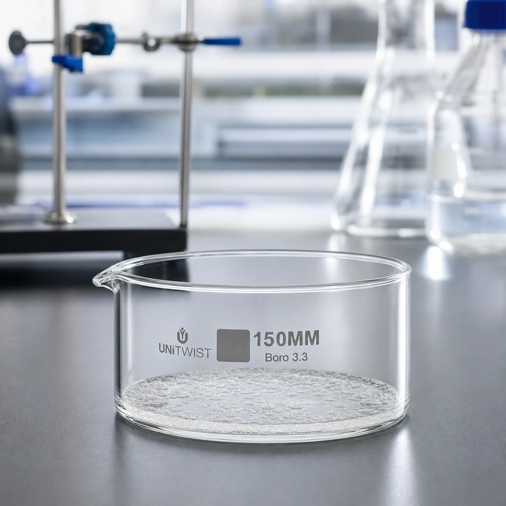 Miska do krystalizacji UNiTWIST, ø 150 mm, szkło borokrzemowe 3.3, pusta, na stole laboratoryjnym wraz z przyrządami laboratoryjnymi