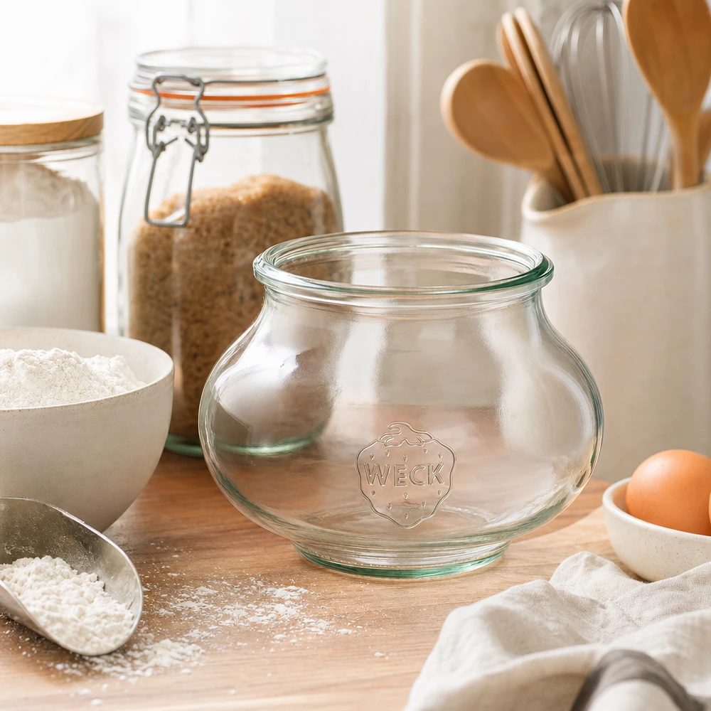 WECK dekoracyjny słoik 560ml RR80 pusty słoik w kuchennej scenerii ze składnikami do pieczenia mąką jajkami i drewnianymi przyborami