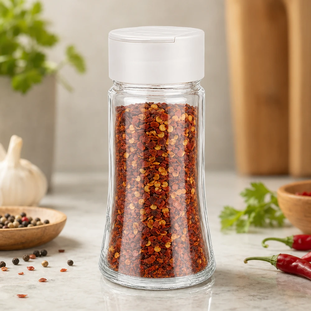 Słoik na sól/przyprawy 95 ml z podwójnym dozownikiem, biały Szklana solniczka o pojemności 95 ml, wypełniona płatkami chili, z białą plastikową pokrywką, podwójna solniczka
