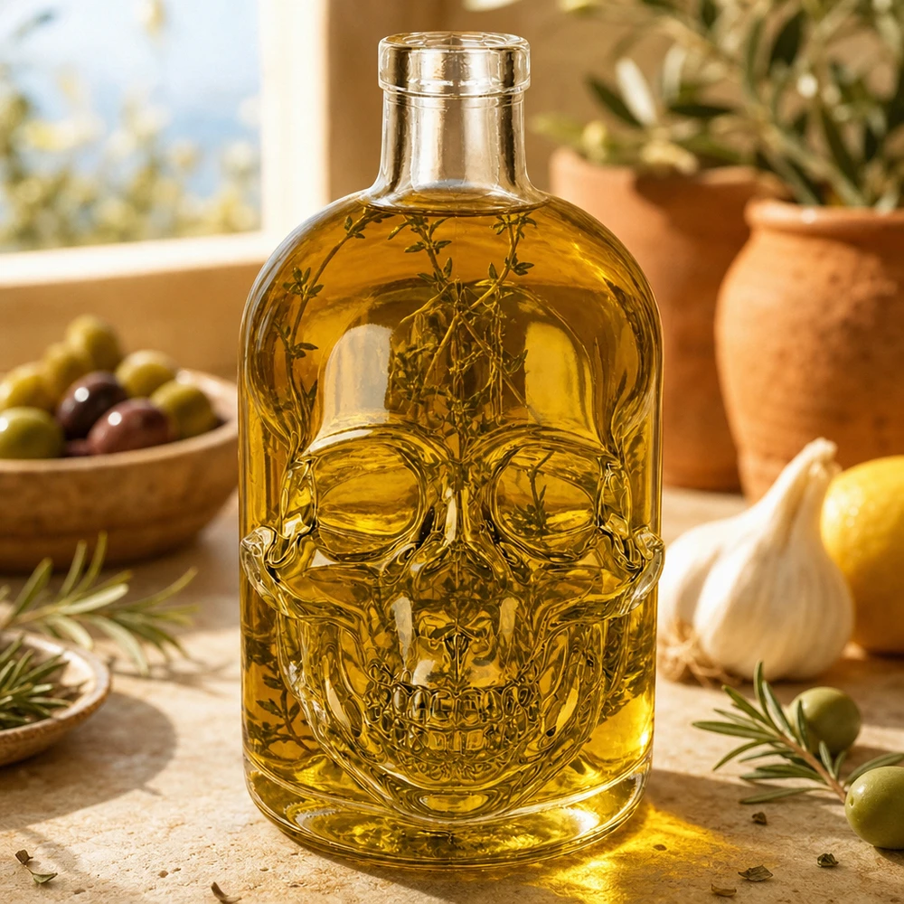 500ml szklana butelka Jack wypełniona oliwą z oliwek dekoracja kuchenna z reliefem czaszki bez zakrętki szklany design UNiTWIST
