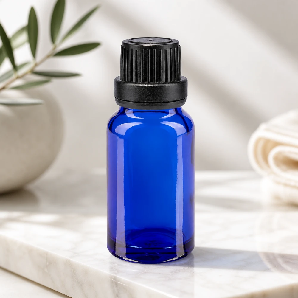 Butelka apteczna niebieska 10ml drip v. Pr. 2mm czarny OV 10 ml aptekarska szklana buteleczka z zakraplaczem w kolorze niebieskim, z zabezpieczeniem przed dziećmi typu OV i precyzyjną końcówką do kroplowania o średnicy 2 mm