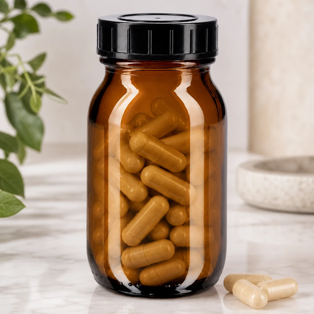Butelka z szeroką szyjką o pojemności 100 ml z bursztynowego szkła z zakrętką Butelka z szeroką szyjką o pojemności 100 ml z bursztynowego szkła z zakrętką