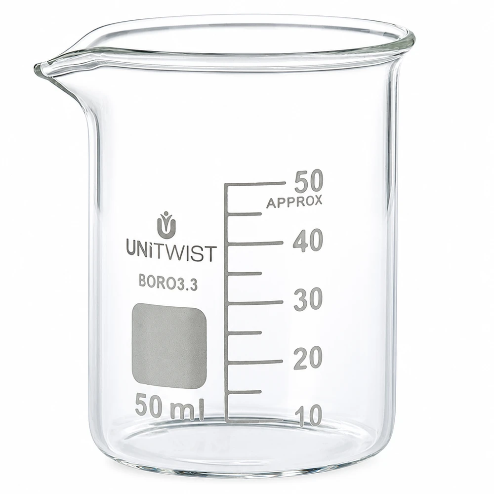 Zlewka 50 ml z borokrzemianu, niskoprofilowa UNiTWIST Szklanka o pojemności 50 ml, wykonana ze szkła borokrzemowego, o niskim profilu, z podziałką, model UNiTWIST BORO 3.3, przezroczysta