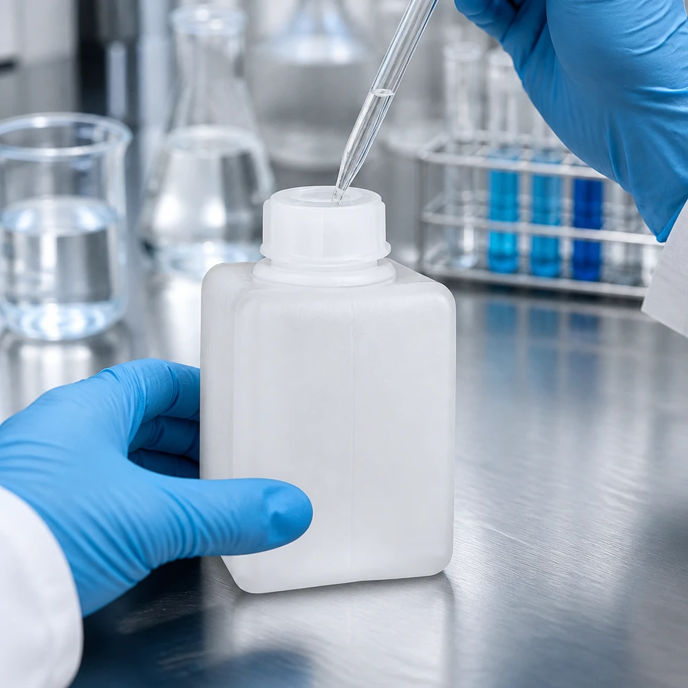 Laborant napełnia pipetą płaską butelkę z wąską szyjką z PE-HD o pojemności 100 ml w kolorze naturalnym w laboratorium chemicznym