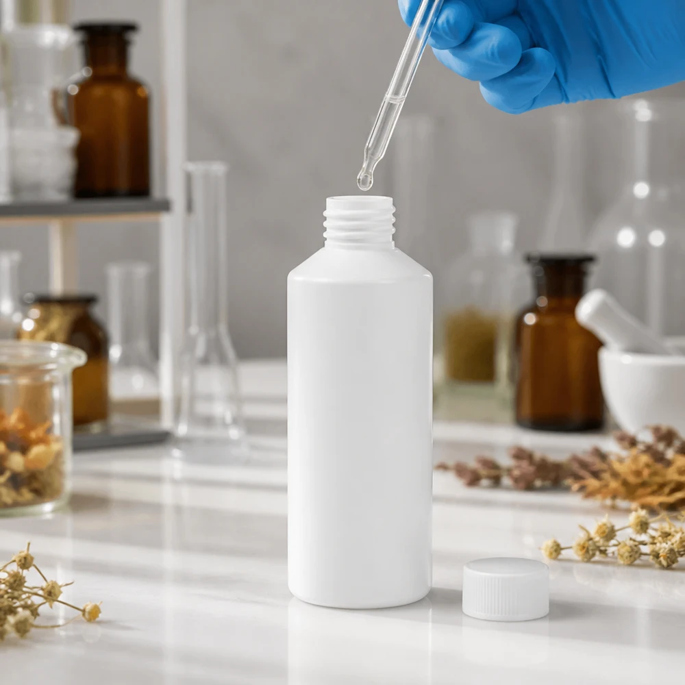 Biała butelka z tworzywa HDPE o pojemności 100 ml w laboratorium, z pipetą i ziołami