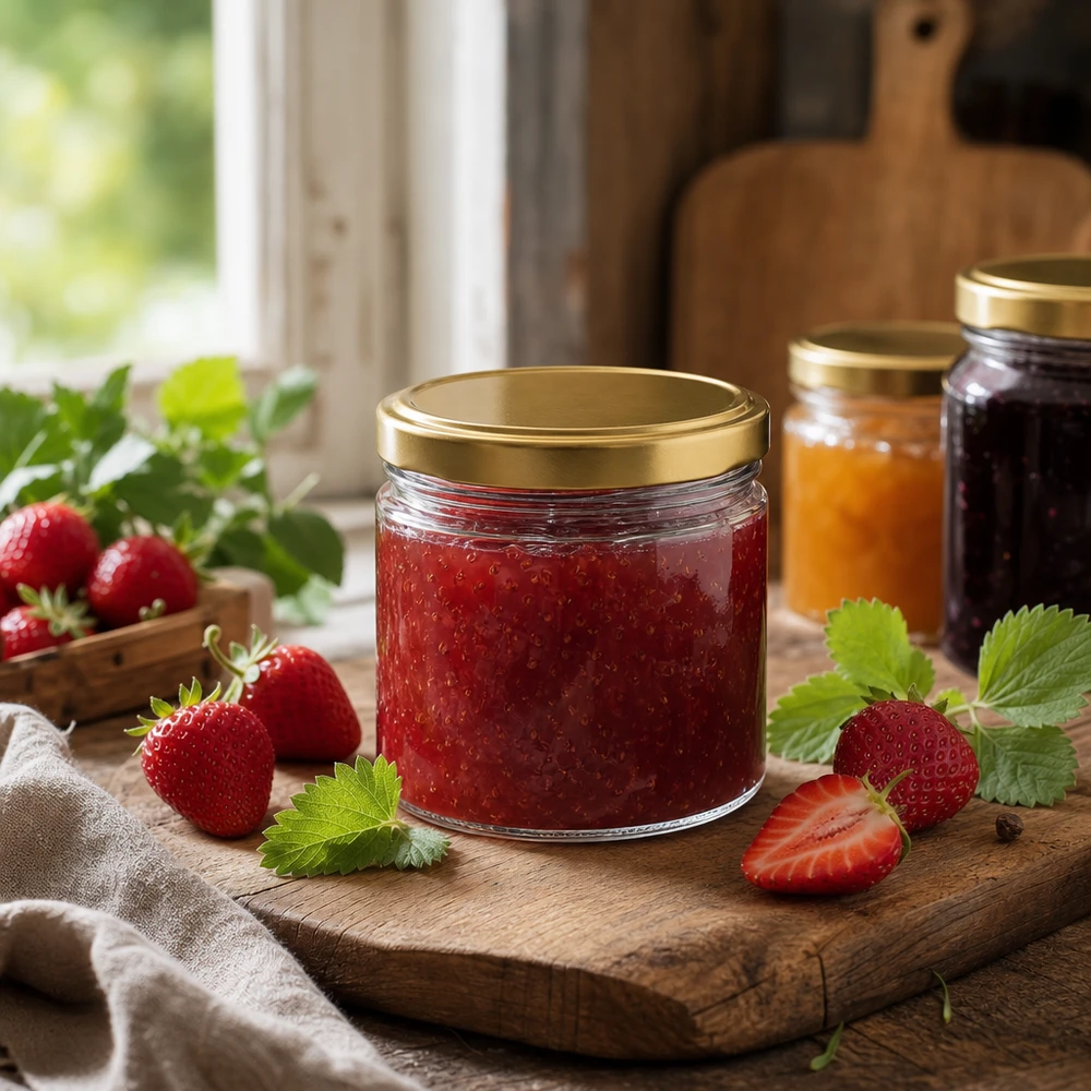 Okrągły słoik o pojemności 540 ml ze złotą pokrywką BasicSeal wypełniony dżemem truskawkowym na drewnianej desce ze świeżymi truskawkami