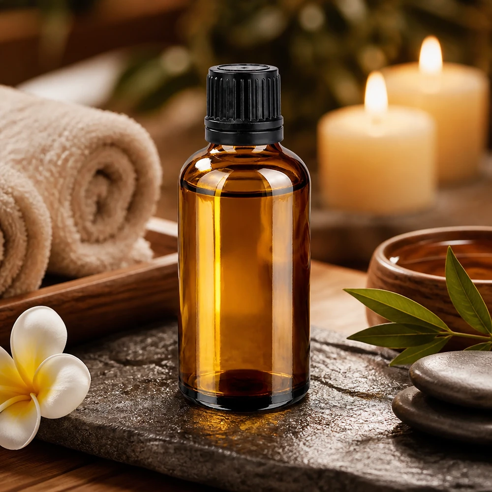 Wysokiej jakości butelka z bursztynowego szkła o pojemności 50 ml z ochroną UV i czarną zakrętką do produktów wellness