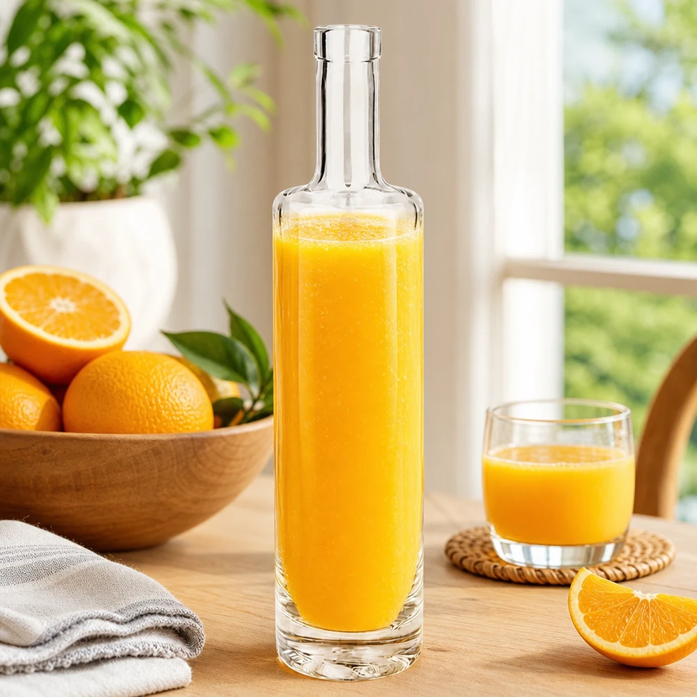 Szklana butelka 500 ml Lina bez zamknięcia UNiTWIST® 500ml Glasflasche Lina mit frischem Orangensaft gefüllt zwischen Orangen und Glas in sonniger Küchenatmosphäre Bild 7