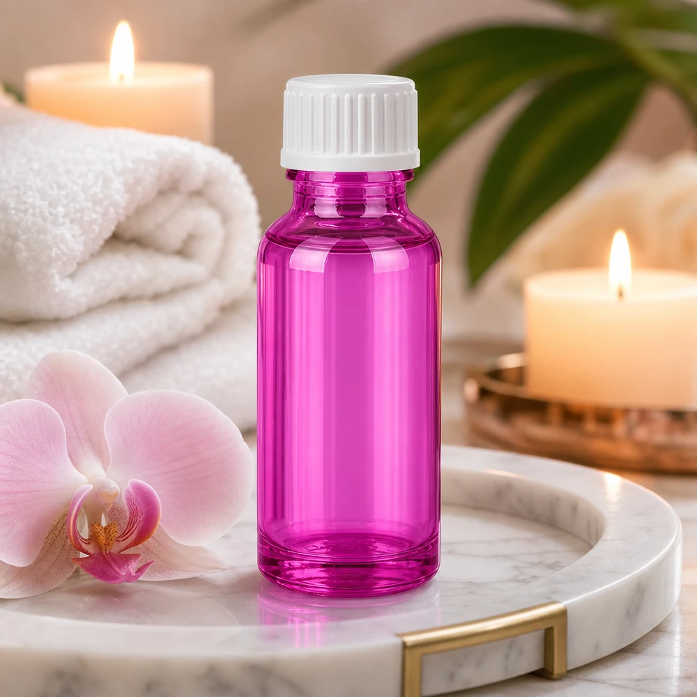 Butelka z zakraplaczem 20ml 0,9mm biała standard PurpleLine. UT18/20 Elegancka butelka z zakraplaczem o pojemności 20 ml w kolorze jasnofioletowym z białą zakrętką do aromaterapii