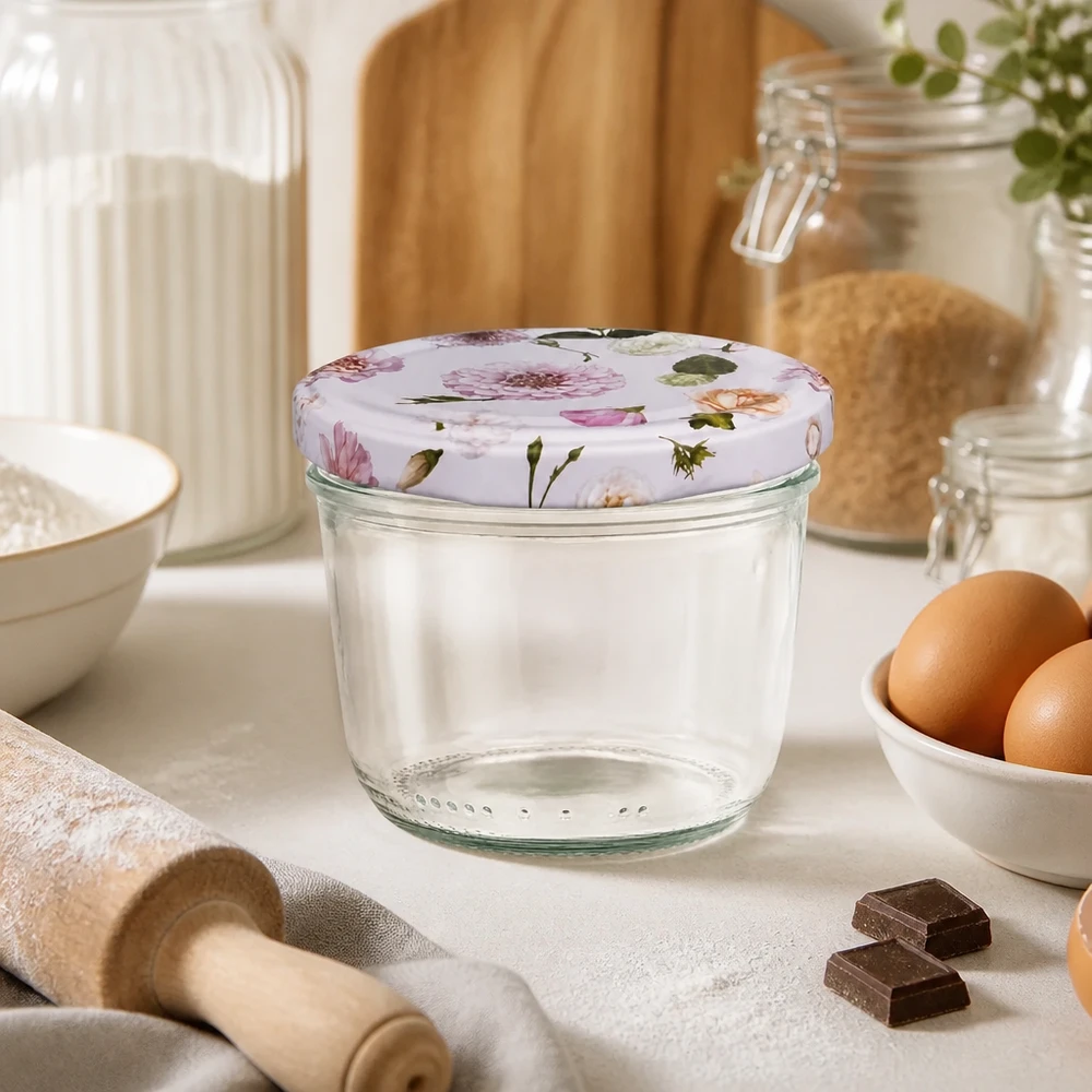 Puste kubki o pojemności 230 ml z pokrywką BasicSeal z różowym kwiatowym wzorem w kuchennej scenerii ze składnikami do pieczenia i przyborami kuchennymi