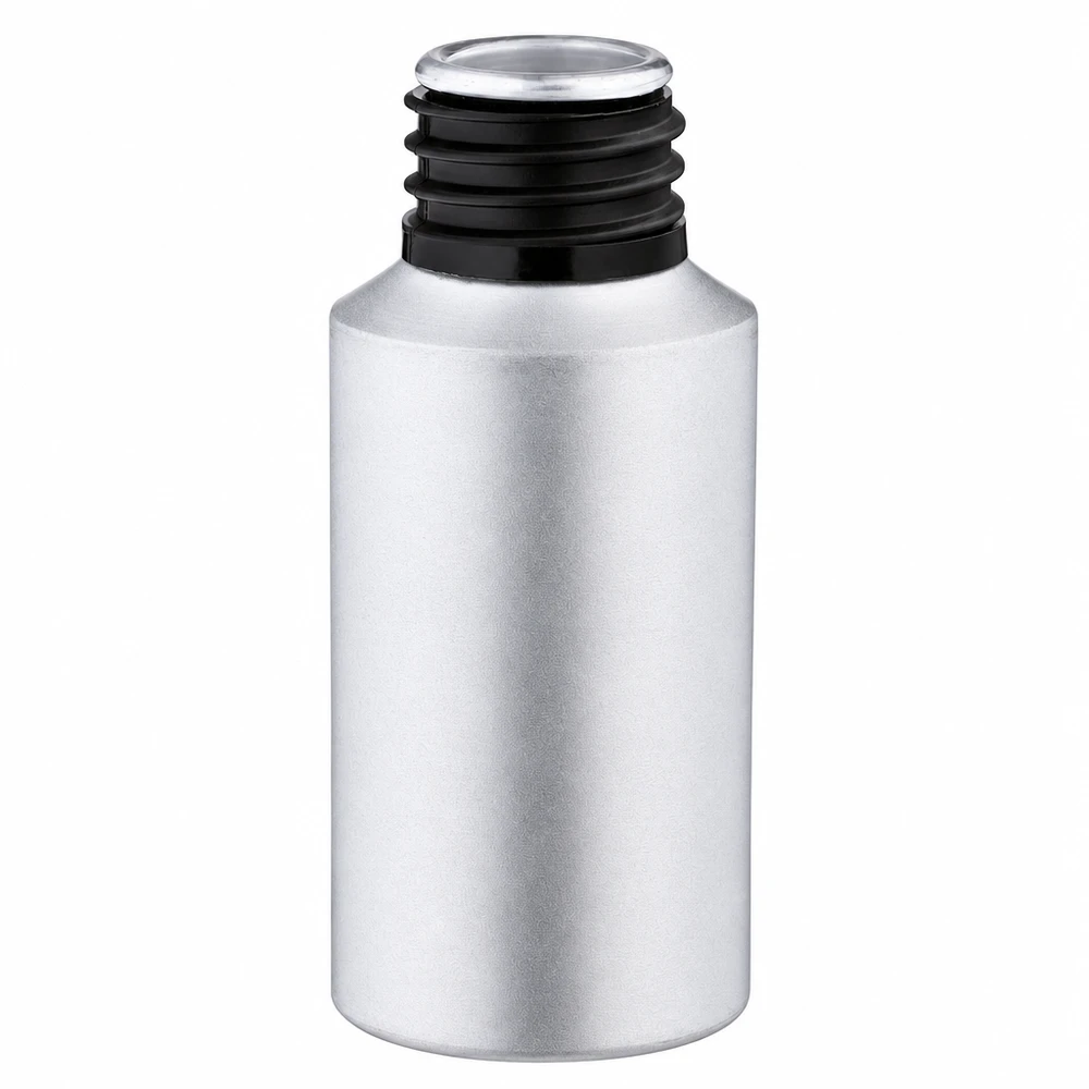 Butelka z barwionego aluminium o pojemności 30 ml Butelka z barwionego aluminium o pojemności 30 ml w kolorze matowego srebra do olejków eterycznych i kosmetyków