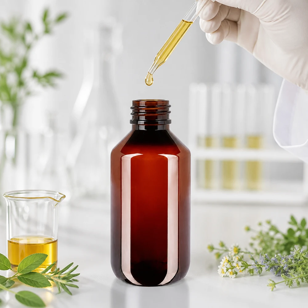 Plastikowa butelka w kolorze bursztynowym o pojemności 100 ml z zamknięciem zabezpieczającym przed dziećmi, przeznaczona do olejków eterycznych