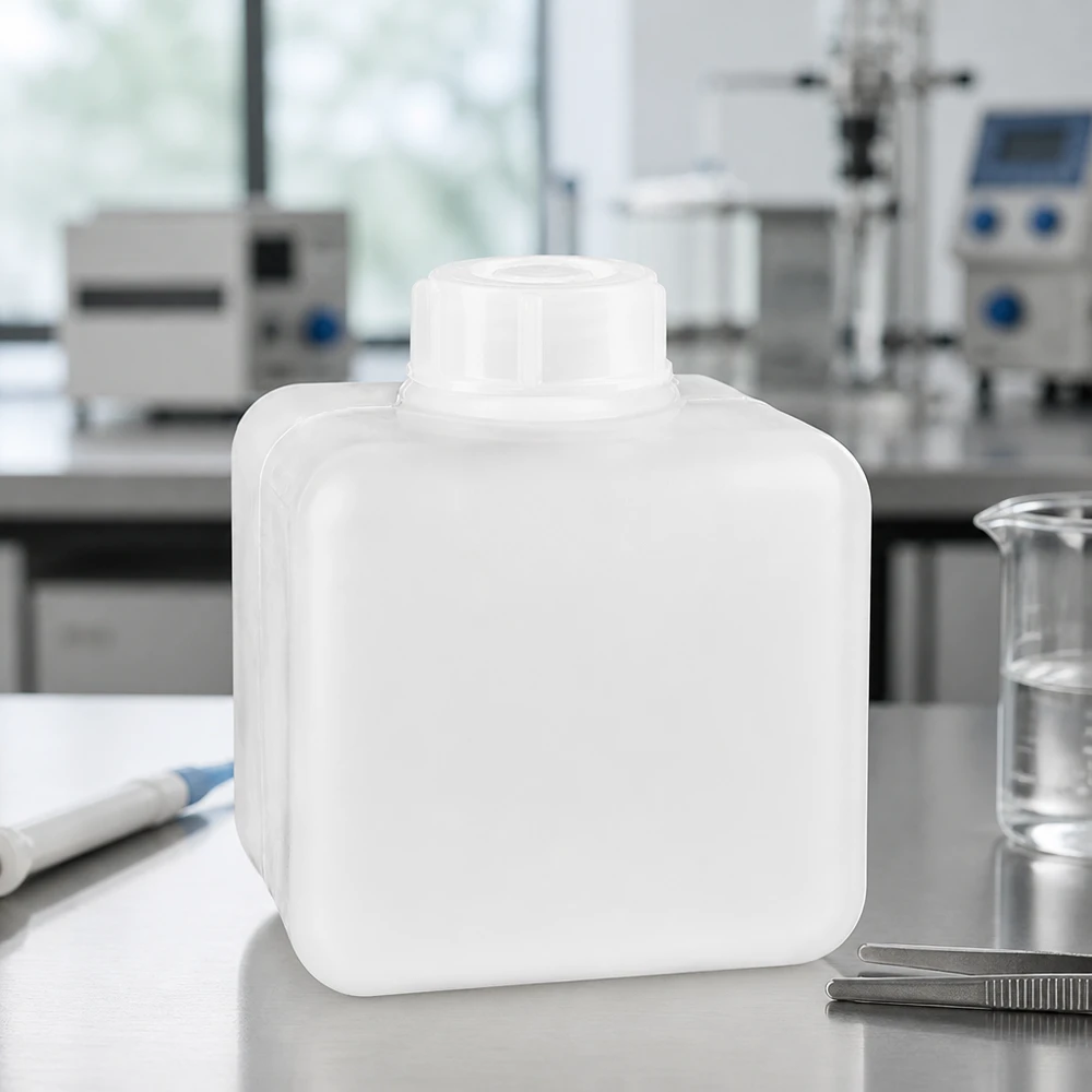 Butelka na chemikalia z PE-HD o pojemności 500 ml, z wąską szyjką, w kolorze naturalnym, w laboratorium na stole ze stali nierdzewnej wraz z zlewką