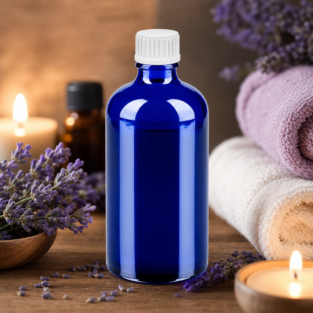 Butelka z kroplomierzem 100 ml 0,9 mm biały STD BlueLine UT18/100 Wysokiej jakości butelka z zakraplaczem o pojemności 100 ml wykonana z niebieskiego szkła z białą standardową zakrętką BlueLine UT18/100