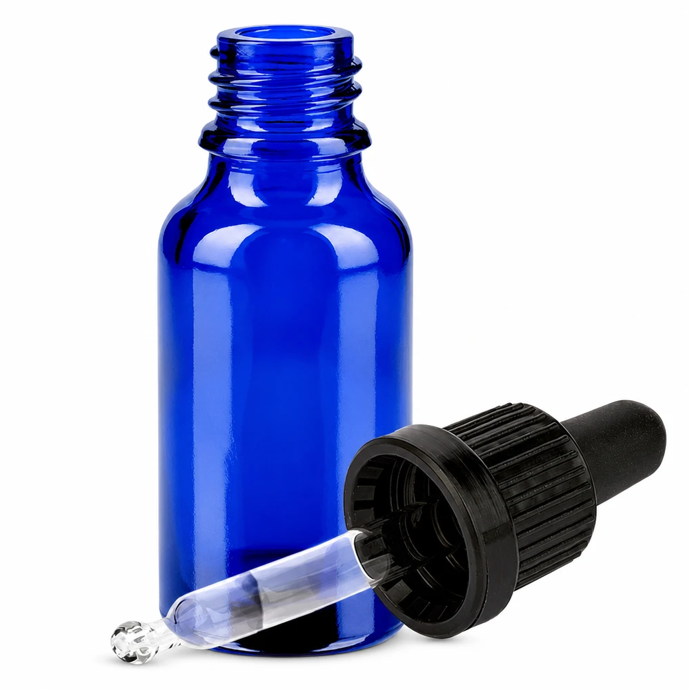 Butelka do leków płynnych 20 ml, czarna OV BlueLine UT18/20 Niebieska szklana butelka 20 ml z pipetą z zakraplaczem i czarną zakrętką do olejków eterycznych i kosmetyków