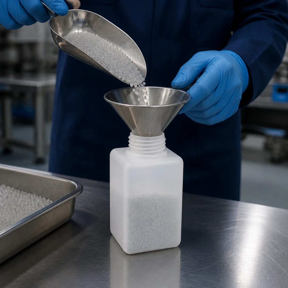 Przezroczysta butelka na chemikalia o pojemności 100 ml, wykonana z PE-HD, z wąską szyjką GL 25, wypełniona granulatem w laboratorium