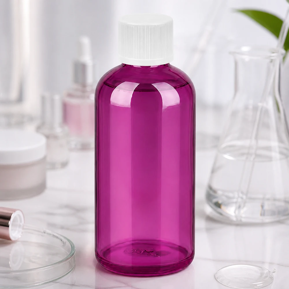 Mała butelka 100 ml w eleganckim fioletowym kolorze z praktyczną zakrętką do zastosowań mobilnych