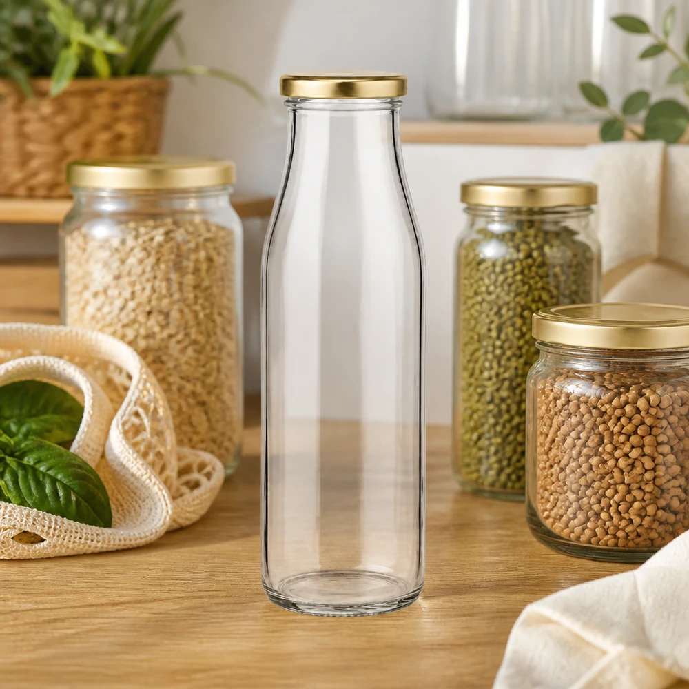 Szklana butelka 500 ml + pokrywka BasicSeal w kolorze złotym UNiTWIST. Całkowicie szczelna z dużą pokrywką TO48. Do mleka, soków i lemoniady. 500ml Glasflasche BasicSeal gold in moderner Küche zwischen Vorratsgläsern mit Hülsenfrüchten Zero Waste Lifestyle