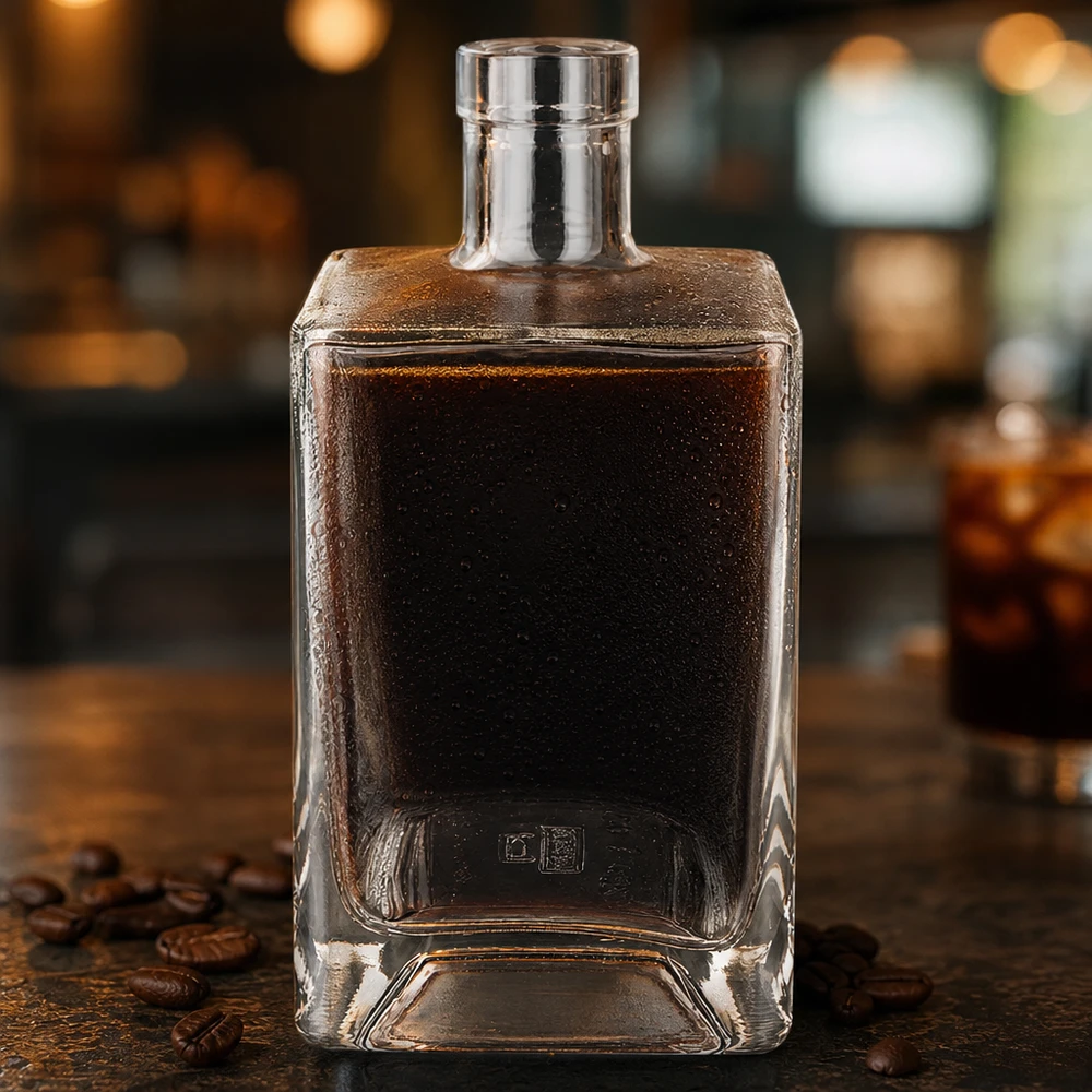 700 ml szklana butelka Bena wypełniona ciemnym likierem kawowym na rustykalnym drewnianym stole z atmosferą baru z ziaren kawy