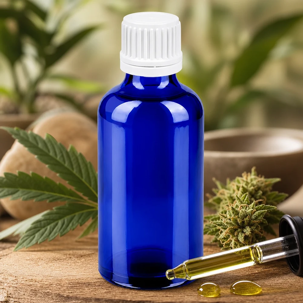 Niebieska szklana butelka 50 ml z pipetą z zakraplaczem do precyzyjnego dozowania naturalnych ekstraktów i nalewek