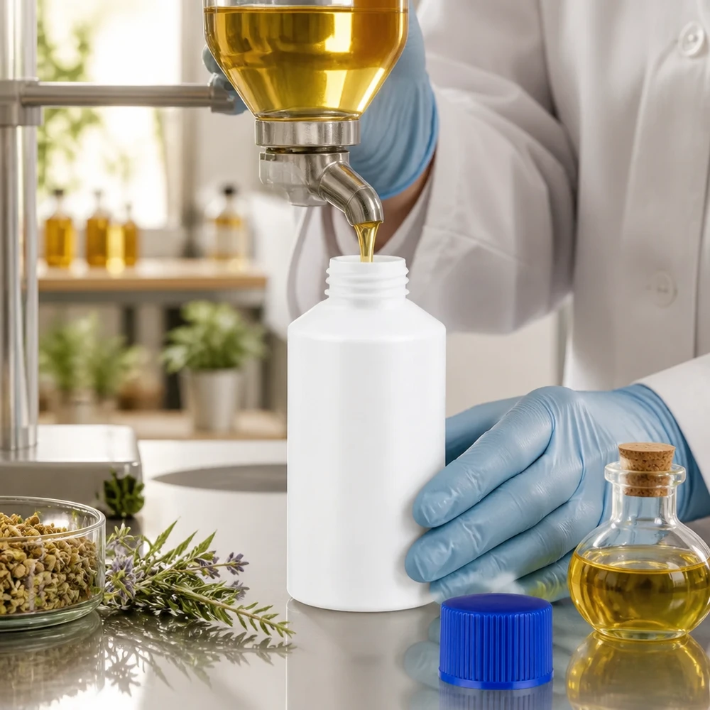 Butelka apteczna HDPE 50ml biała, z niebieskim SV Biała butelka z tworzywa sztucznego o pojemności 50 ml z niebieskim napisem „SV” i ekstraktami ziołowymi w warunkach laboratoryjnych