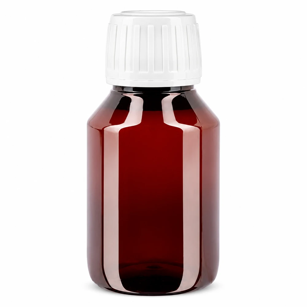 Butelka PET 50 ml z białym standardem OV Brązowa butelka PET o pojemności 50 ml z białym zamknięciem zabezpieczającym przed otwarciem, przeznaczona do płynów