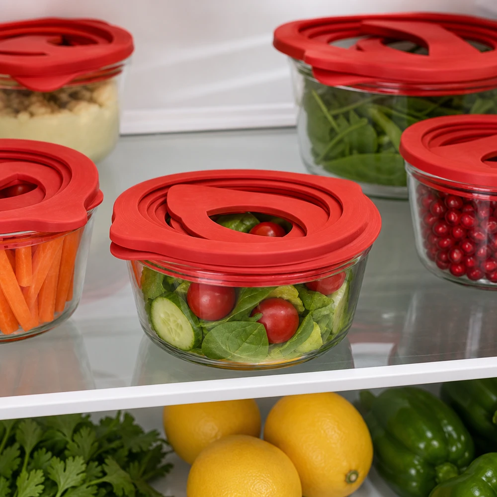 Pierścień uszczelniający z naturalnego kauczuku RR80 Einkochring RR80 Naturgummi rot für Vorratsgläser im Kühlschrank mit frischem Salat Gemüse praktische Aufbewahrung