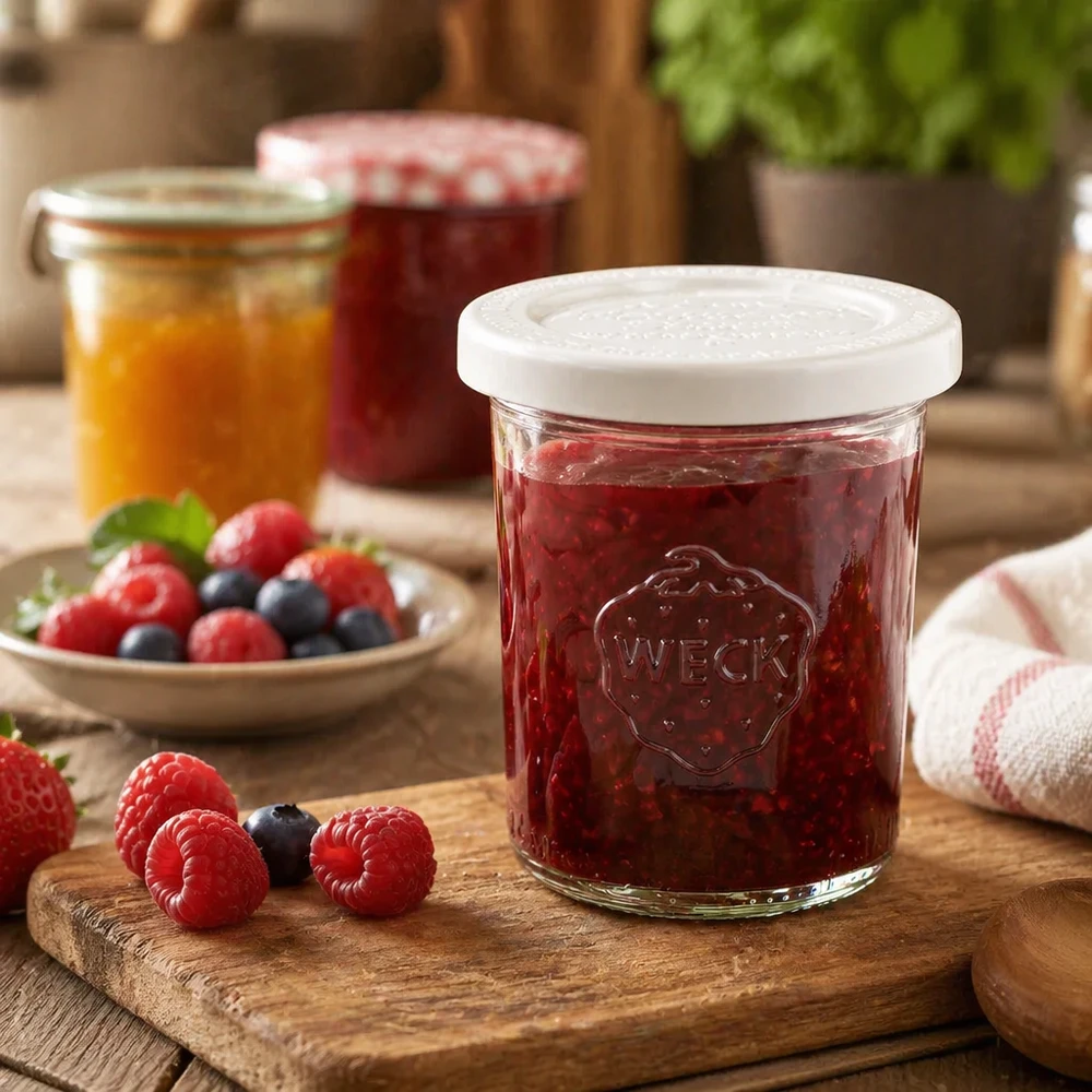 Słoik WECK 160 ml RR60 wypełniony dżemem z czerwonych jagód na drewnianej desce obok świeżych malin i jagód