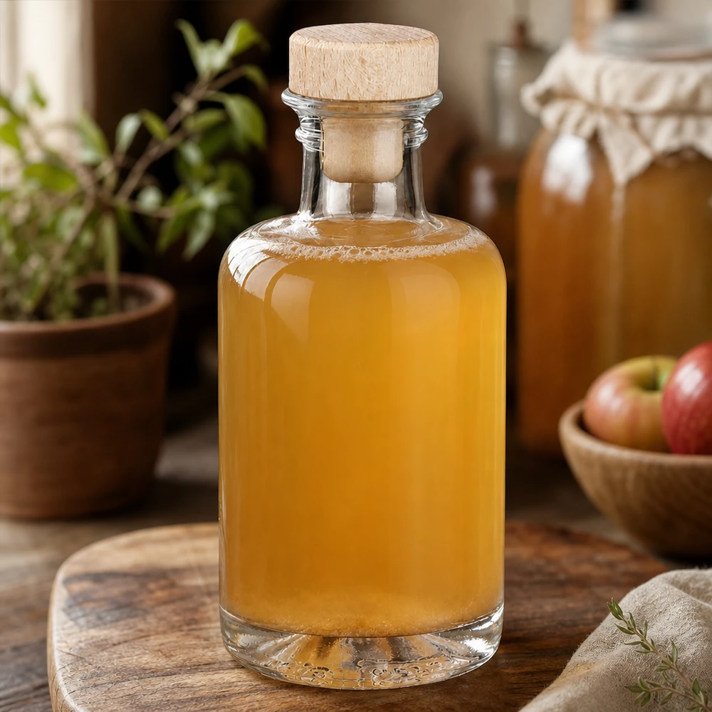 Butelka apteczna Sofia 100 ml z drewnianym korkiem UNiTWIST® 100ml Glasflasche Sofia mit Holzkorken gefüllt mit Apfelsaft neben Äpfeln in warmer Küchen-Atmosphäre Lifestyle