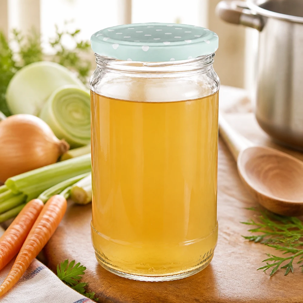 Okrągła szklanka UNiTWIST o pojemności 370 ml wypełniona bulionem, z miętowo-zieloną pokrywką BasicSeal z kropkami, obok warzyw