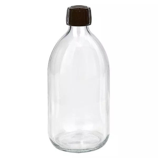 Butelka na lek 500 ml przezroczysta, zakrętka brązowa z pierścieniem zabezpieczającym ApoGlas. Farmaceutyczna jakość produkcji UE. Gwint 28 mm (PP28). (syrop, butelka z lekkiego szkła) Butelka na lek 500 ml przezroczysta, zakrętka brązowa z pierścieniem zabezpieczającym ApoGlas. Farmaceutyczna jakość produkcji UE. Gwint 28 mm (PP28). (syrop, butelka z lekkiego szkła)