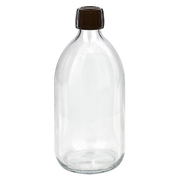 Butelka na lek 500 ml przezroczysta, zakrętka brązowa z pierścieniem zabezpieczającym ApoGlas. Farmaceutyczna jakość produkcji UE. Gwint 28 mm (PP28). (syrop, butelka z lekkiego szkła) Butelka na lek 500 ml przezroczysta, zakrętka brązowa z pierścieniem zabezpieczającym ApoGlas. Farmaceutyczna jakość produkcji UE. Gwint 28 mm (PP28). (syrop, butelka z lekkiego szkła)