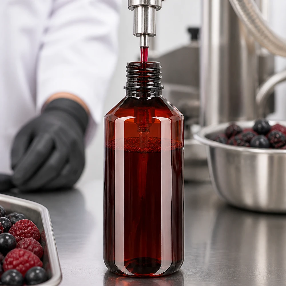 Linia rozlewnicza napełnia w zakładzie produkcyjnym butelki PET o pojemności 200 ml płynem w kolorze bursztynowym z dodatkiem ekstraktu z czerwonych jagód