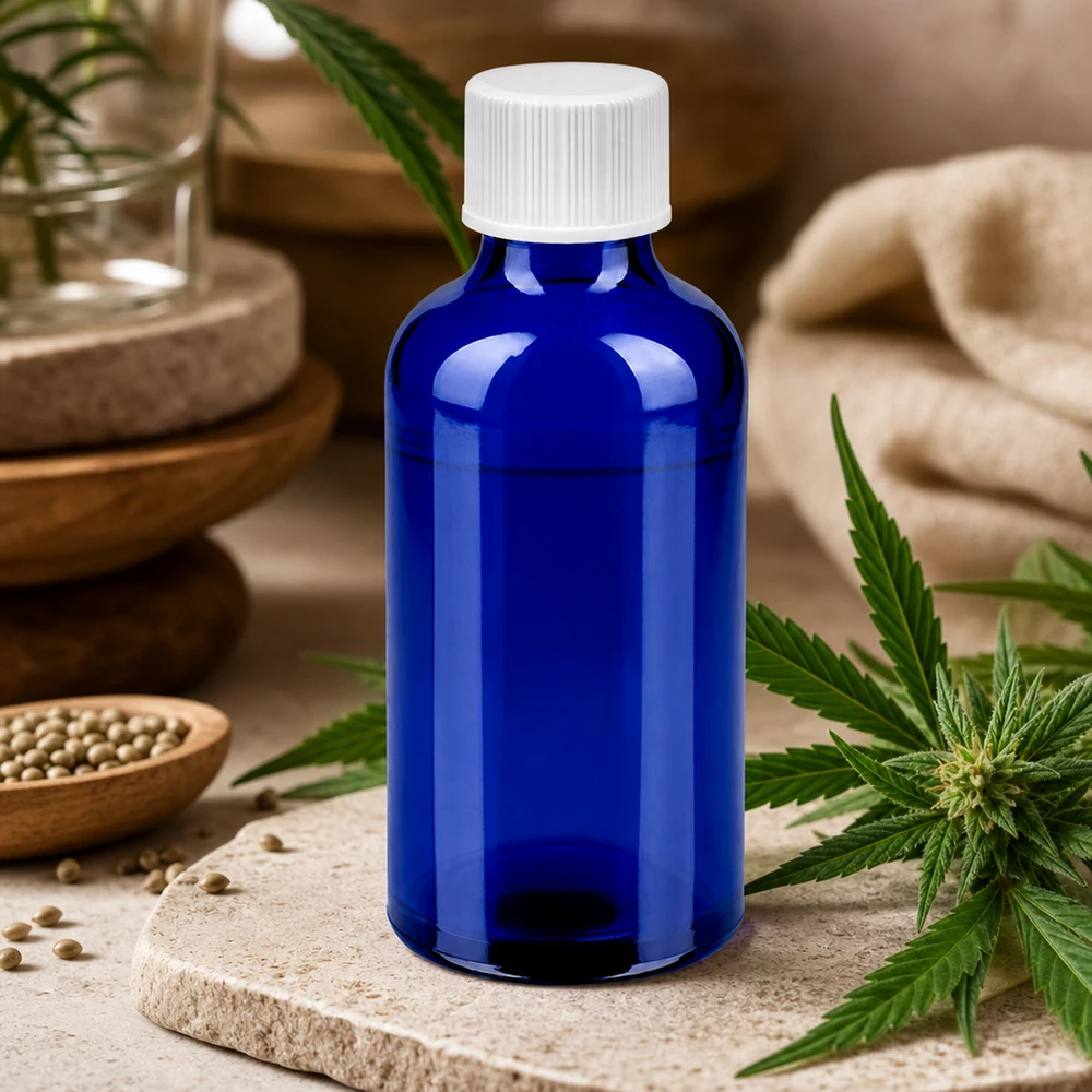 Butelka 50 ml 11 mm SV biała STD BlueLine UT18/50 Kompaktowa butelka aptekarska o pojemności 50 ml wykonana z niebieskiego szkła z ochroną UV i białą zakrętką o średnicy 11 mm.