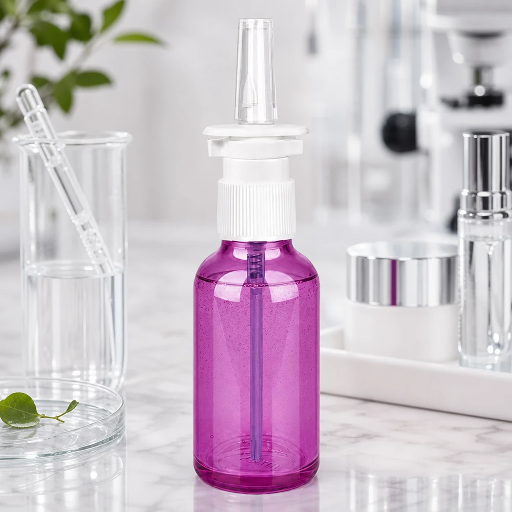 Kompaktowa butelka ze sprayem do nosa o pojemności 30 ml wykonana z przezroczystego plastiku w nowoczesnym fioletowym kolorze do codziennego użytku.