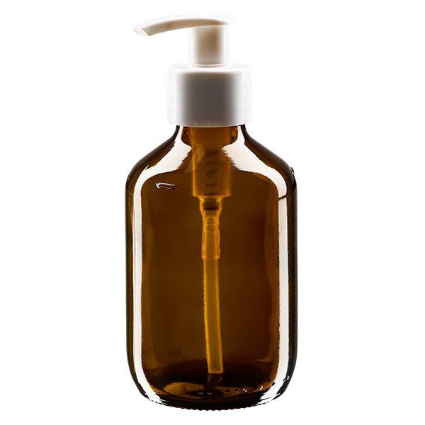 Butelka na lek 200 ml brązowa, z pompką dozującą białą ApoGlas. Farmaceutyczna jakość produkcji UE. Gwint 28 mm (PP28). (syrop, butelka z lekkiego szkła) Butelka na lek 200 ml brązowa, z pompką dozującą białą ApoGlas. Farmaceutyczna jakość produkcji UE. Gwint 28 mm (PP28). (syrop, butelka z lekkiego szkła)