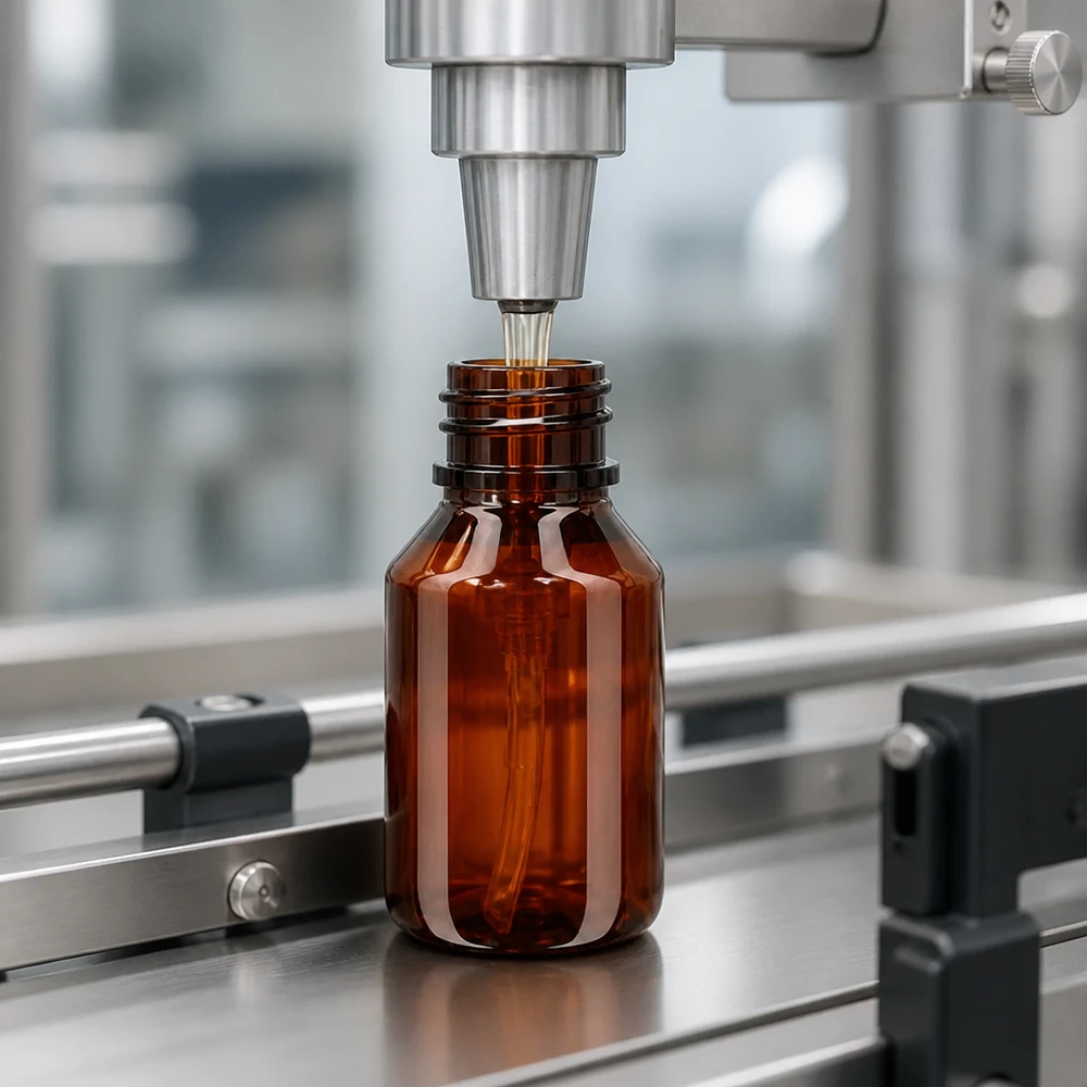 Butelka PET 50ml z pompką dozującą czarna Automatyczna linia rozlewnicza napełnia bursztynową butelkę PET o pojemności 50 ml wyposażoną w czarną pompkę dozującą