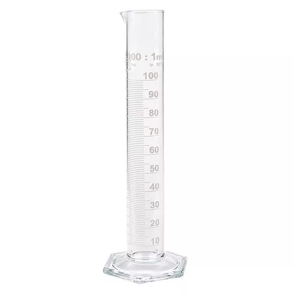 Cylinder miarowy 100 ml HF wykonany ze szkła, biała skala. HF = wysoki kształt. Podziałka ze szkła borokrzemianowego z wylewką. Sześciokątna podstawa. ISO 4788.
