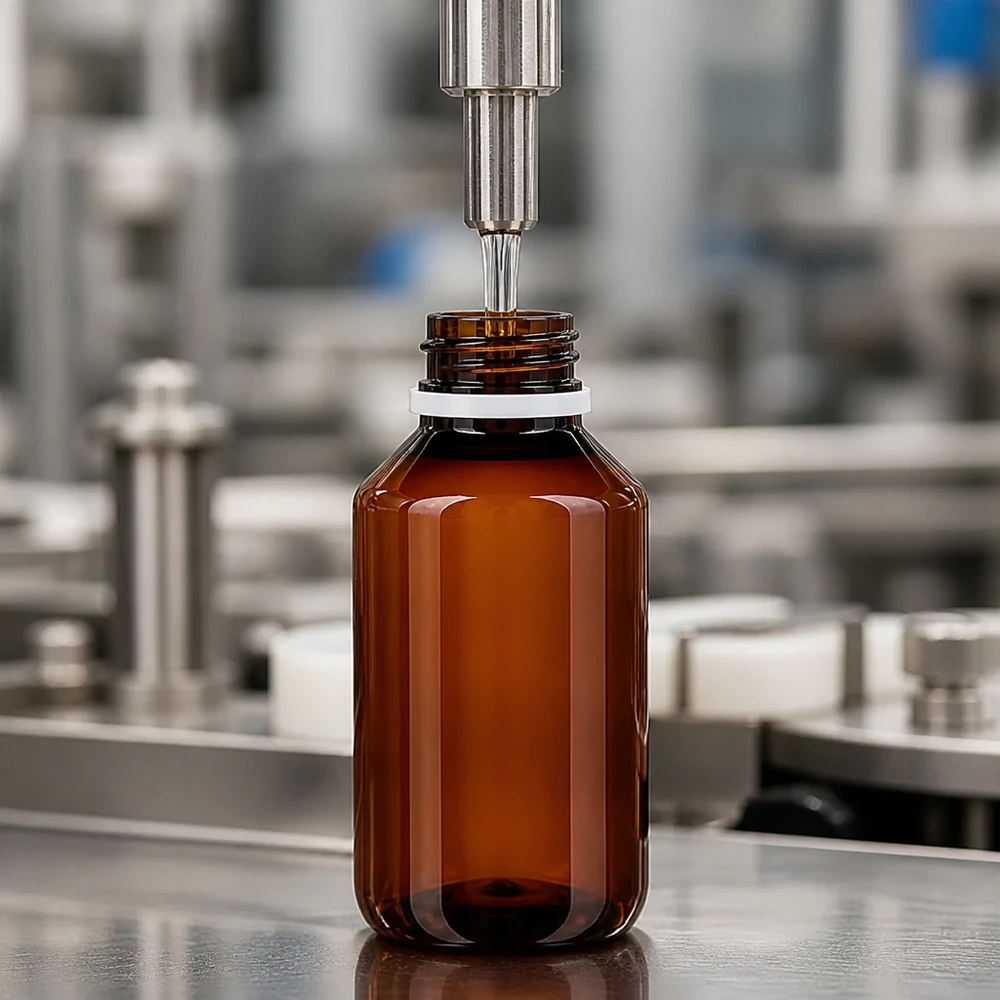 Butelka PET 50 ml z białym karbowanym OV Linia rozlewnicza napełnia brązową butelkę PET o pojemności 50 ml z białym, żebrowanym zamknięciem typu OV