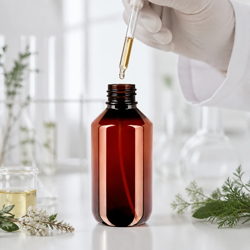 UV-schützende 200ml Flasche aus PET in Bernstein mit schwarzem Sprühkopf